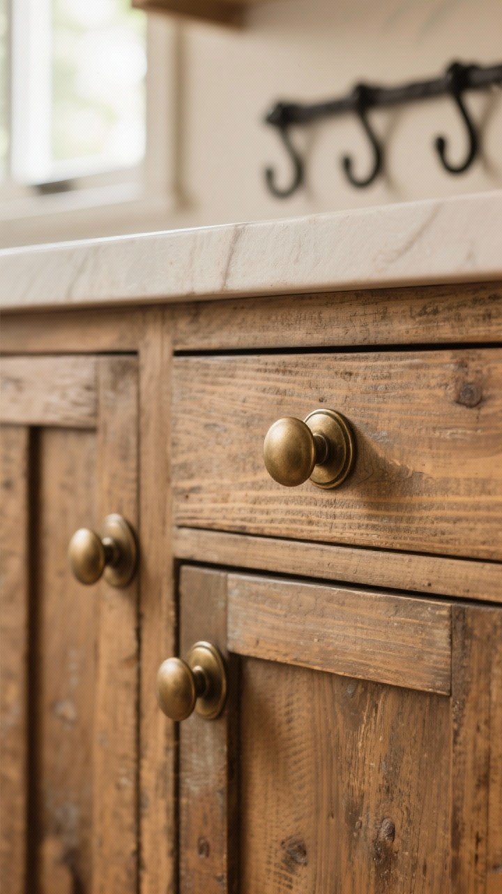 Closeup detail shot of rustic kitchen cabinet hardware: matte aged brass cup pulls on drawers paired with simple round knobs on doors, shown on warm, worn wood cabinetry. Soft natural window light at 2700–3000K highlights subtle patina, with a secondary hint of black iron hooks in the background for a restrained mix of two coordinating metals. Focus on the texture of the matte finish and gentle aging, no people, photorealistic.