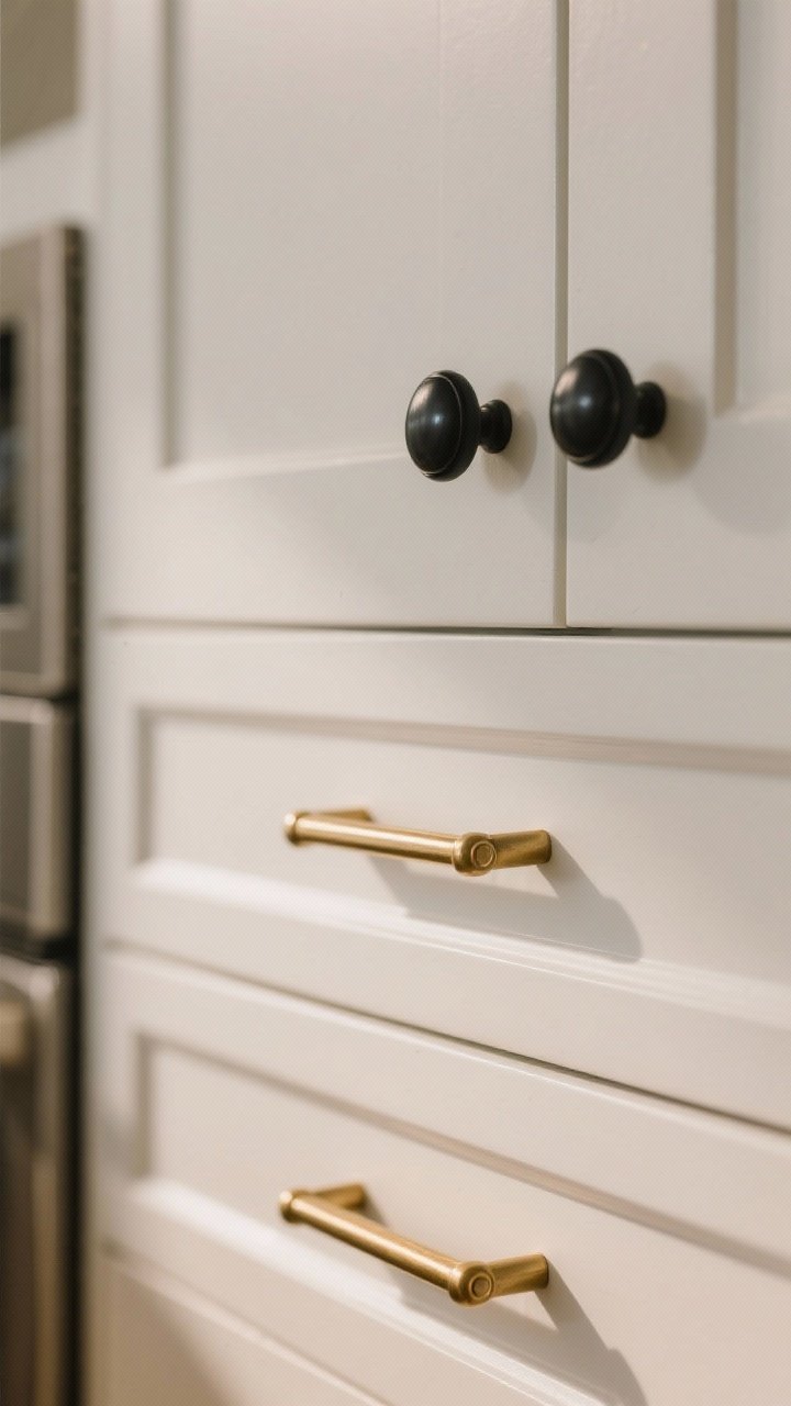Closeup detail shot of sleek kitchen cabinet hardware: solid-feeling brushed brass bar pulls on matte white shaker drawers, paired with matte black knobs on upper cabinets; perfectly aligned handles with consistent spacing, soft warm natural light reflecting subtly on the finishes; tight crop emphasizing the hardware textures and tailored vibe, no people, photorealistic.