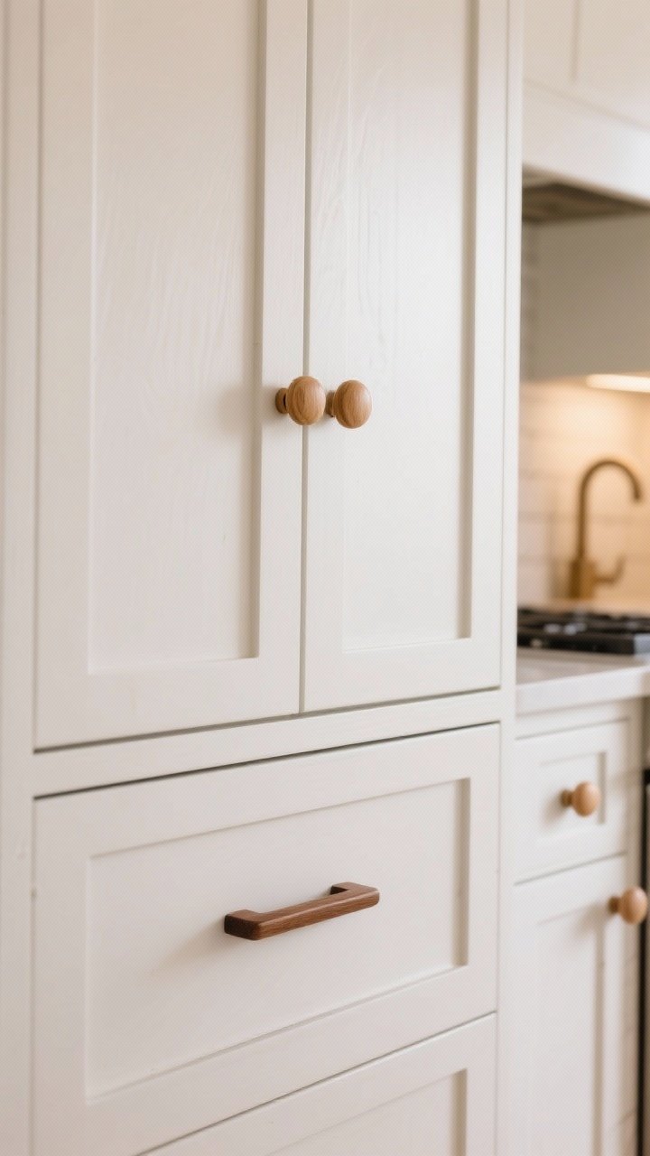 Closeup detail shot of white shaker cabinet fronts with wood hardware: round light-oak knobs on drawers and slim walnut pulls on doors, sealed with a soft matte finish. Gentle under-cabinet lighting creates a warm highlight on the wood grain and a soft contrast on the crisp white paint. Include a hint of nearby sink and range area to imply practical placement; no people, focus on the tactile charm of the knobs and pulls.