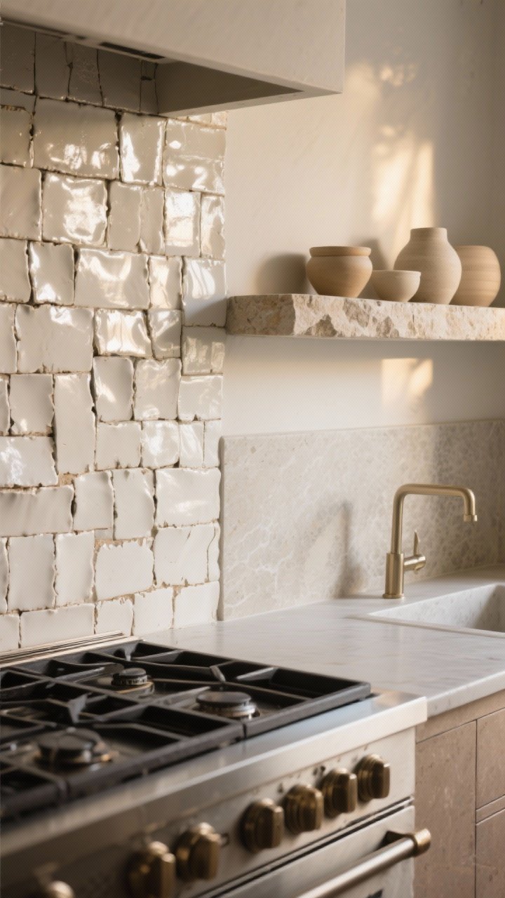 Closeup detail: Textured backsplash composition—handmade off-white zellige tiles with imperfect edges stacked vertically behind the range, transitioning to a matching honed stone slab behind the sink for easy cleaning. A slim floating stone shelf runs across part of the wall, holding a few neutral ceramics. Warm, raking light to catch the tile’s subtle shimmer and undulation, photorealistic.