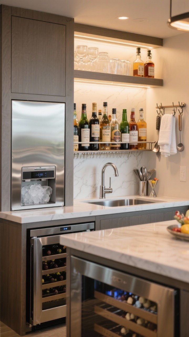 Closeup detail: The cocktail command center—compact bar station featuring a built-in ice maker door, a stainless speed rail stocked with bottles, and a deep sink with a pull-down faucet; undercounter fridge and a separate wine cooler visible below, with open shelves above holding glassware and syrup bottles; hooks with towels and bar tools; soft, warm task lighting glinting off metal surfaces, photorealistic, straight-on close range.