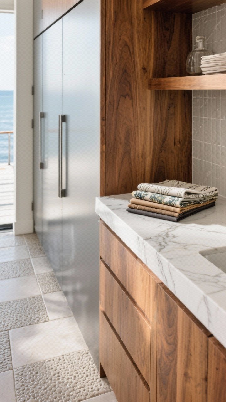 Closeup detail: Weatherproof materials vignette—porcelain slab countertop with subtle veining beading water, cabinet doors in powder-coated aluminum next to a marine-grade polymer panel; a wood accent in rich ipe shows tight grain; underfoot, textured porcelain pavers with anti-slip finish; folded solution-dyed acrylic fabric swatches (Sunbrella/Perennials) in medium tones arranged on the counter; diffuse daylight highlighting durability and texture, macro-level sharpness.