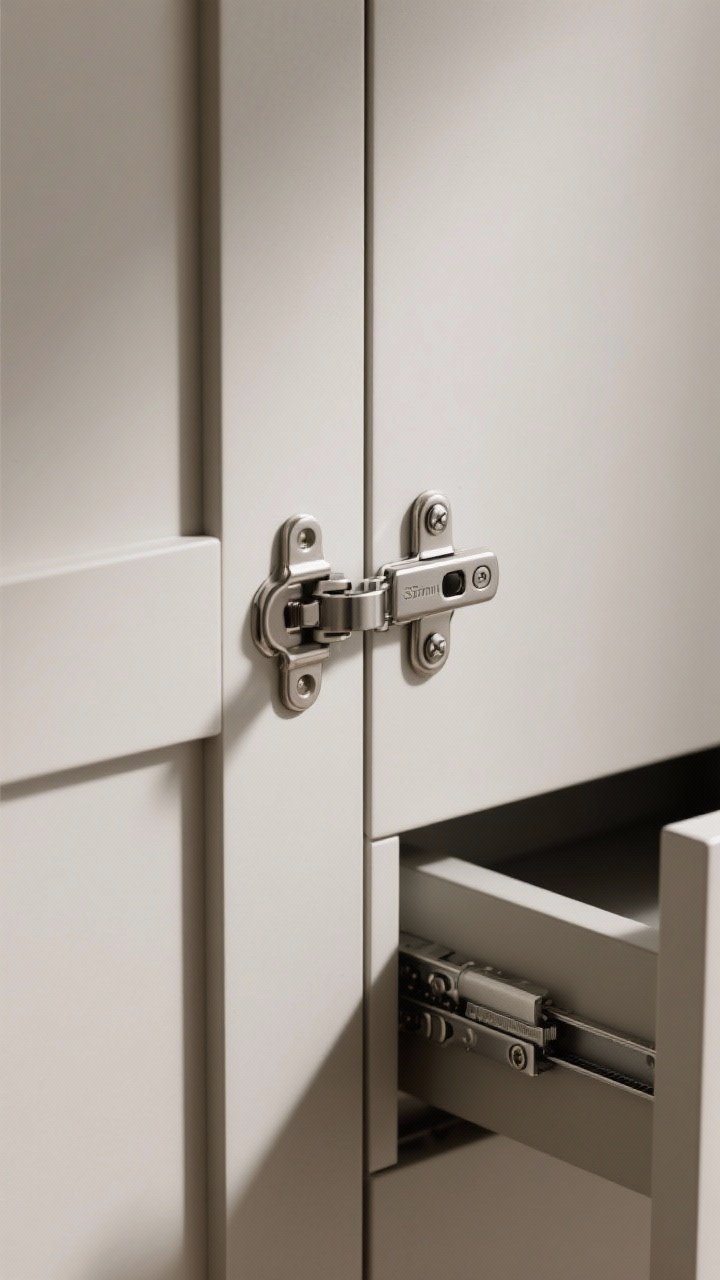 Closeup interior hinge shot at a slight angle: a cabinet door with concealed 35mm cup Euro hinges installed, adjusted for perfectly even gaps. Next to it, an example of a retrofit soft-close adapter clipped onto an existing hinge. Include a drawer slightly open with soft-close slides visible. Neutral cabinet finish with soft, directional light highlighting the mechanisms and clean lines.