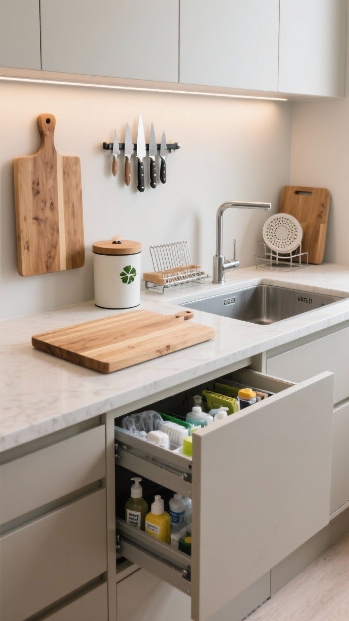 Closeup/medium hybrid of a dedicated prep zone: a countertop “trifecta” with a large wood cutting board beneath a wall-mounted magnetic knife strip, a small lidded compost bin next to a pull-out trash cabinet; the sink fitted with across-the-basin accessories—a drying rack, colander, and over-sink board. Under-sink pull-out drawers partially open revealing neatly arranged cleaning supplies. Functional, efficient, neutral tones, bright task lighting, photorealistic.