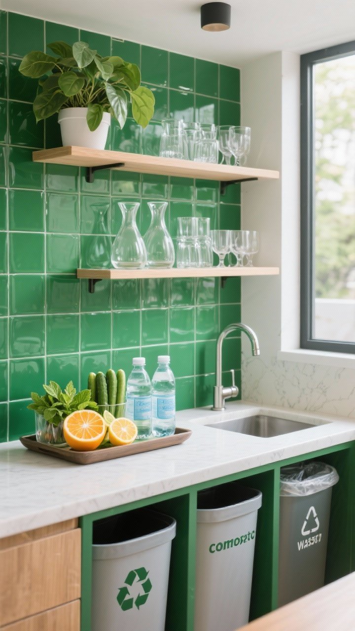 Closeup/medium shot of a green-forward beverage and prep zone: a compact station with open shelves holding glassware, carafes, and a leafy potted plant; a bold green tile backsplash as a statement; countertop tray with self-serve garnishes—citrus slices, mint, cucumber—and chilled sparkling water; labeled bins below for recycling, compost, and trash; include a small hot-water tap; bright, clean natural light; photorealistic.