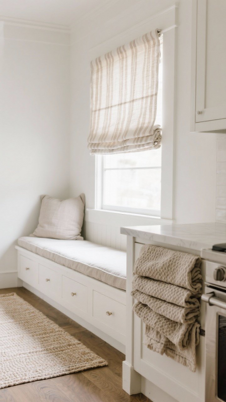 Closeup of cozy kitchen textiles against white surfaces: linen Roman shade in a natural stripe filtering daylight, performance-fabric seat cushion on a white banquette, a neutral flatweave runner with subtle pattern on the floor, and a stack of stonewashed linen tea towels with waffle texture on the counter; soft, inviting light; detail-oriented top/side angle.