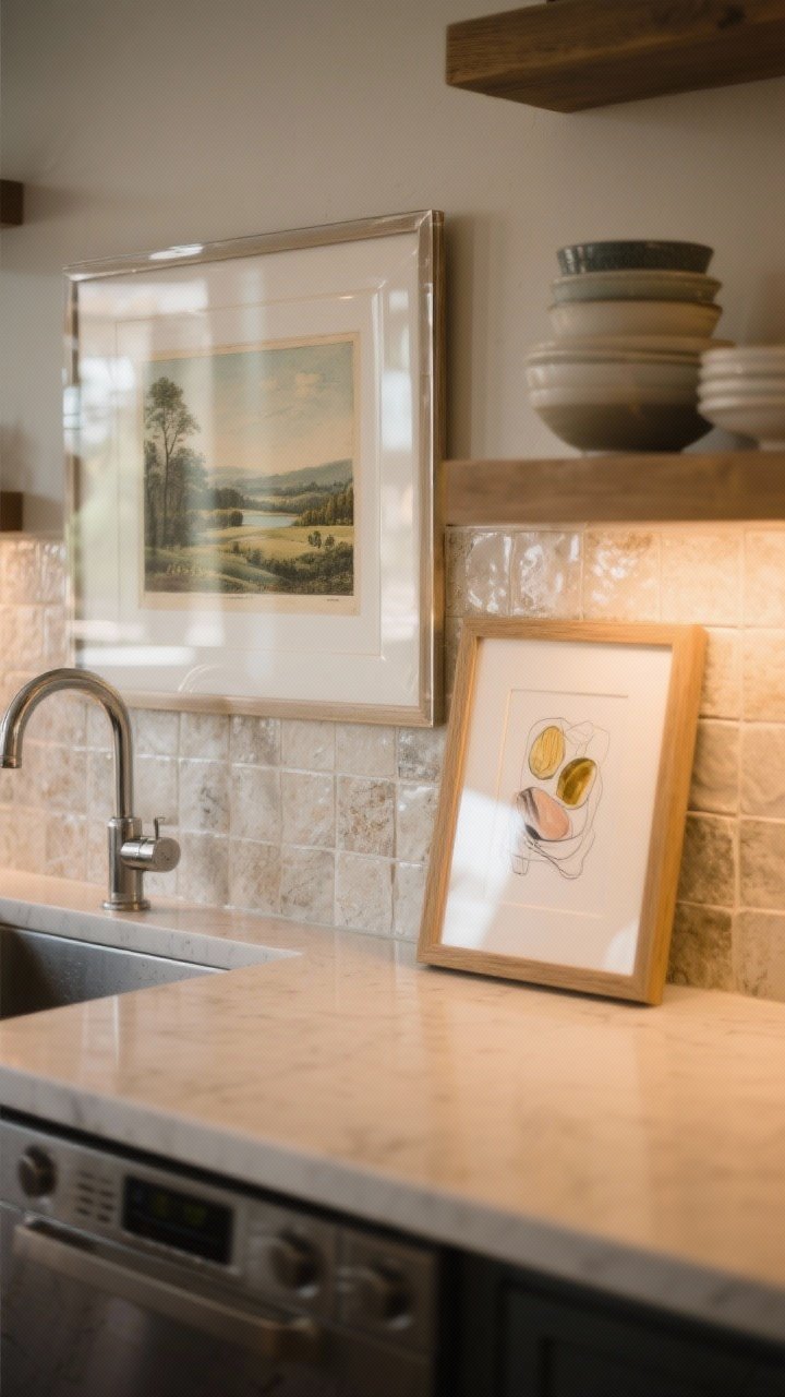 Closeup of kitchen art placement: a small vintage landscape print above the sink in a moisture-resistant frame with acrylic glazing; a second framed food sketch leaning on the countertop ledge against the backsplash; and a tiny abstract layered behind dishes on an open shelf. Soft warm ambient lighting with a subtle reflection on the acrylic, shallow depth of field isolating the artwork, textures of tile and stone subtly blurred in background.