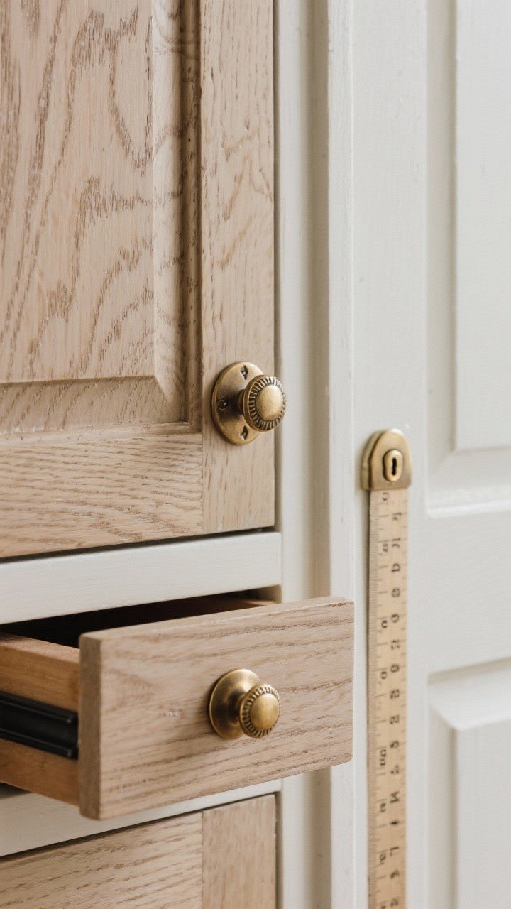 Closeup, straight-on detail of cabinet hardware swap: shaker drawer fitted with solid metal antique brass cup pull; adjacent cabinet door with matching latch for cottage charm; another drawer shows a matte black bar pull for modern contrast laid next to a ruler showing center-to-center measurement. Exposed hinge in matching finish. The wood grain and paint sheen visible; tactile, photorealistic metal textures.