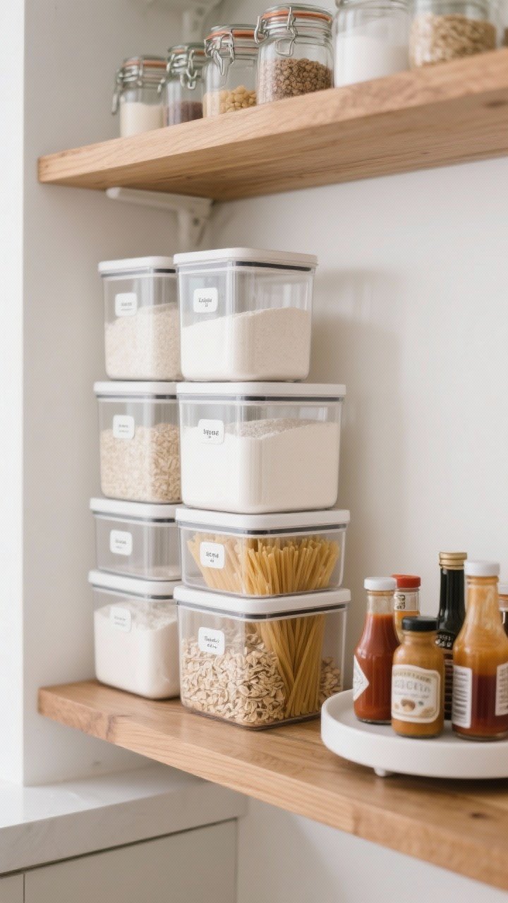 Closeup, straight-on pantry shelf styled with clear containers: stackable square and rectangular canisters filled with flour, sugar, pasta, and oats, each with uniform minimalist labels; a lazy Susan holding sauces and condiments in a corner; glass jars neatly arranged on an open shelf. Soft, even lighting, clean white backdrop with warm wood shelf tones, focus on transparency and texture of ingredients, calm minimalist aesthetic.