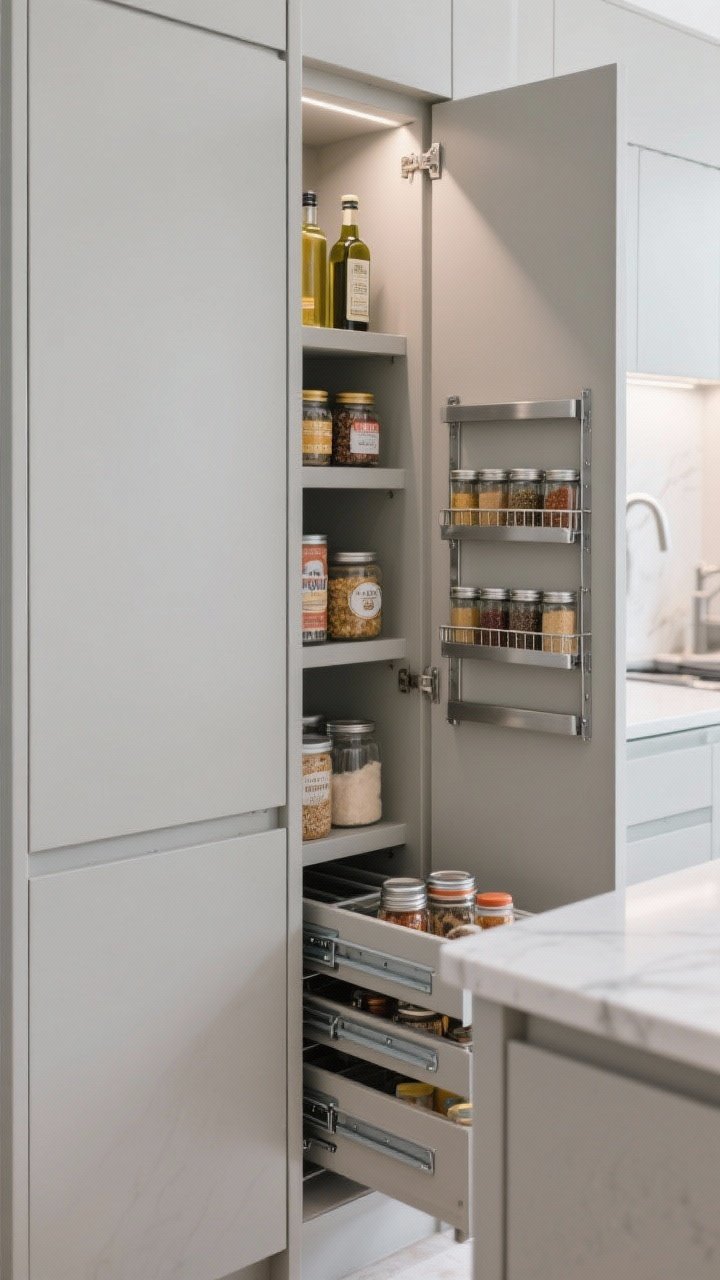 Closeup straight-on shot of slim slide-out pantry columns integrated into the island: vertical drawers extended to show organized oils, baking spices, and small cans; adjustable shelves, dedicated spice rack insert, and metal side rails keeping small jars secure; matte painted fronts closed on adjacent columns to emphasize zero visual mess; clear, bright task lighting at prep height