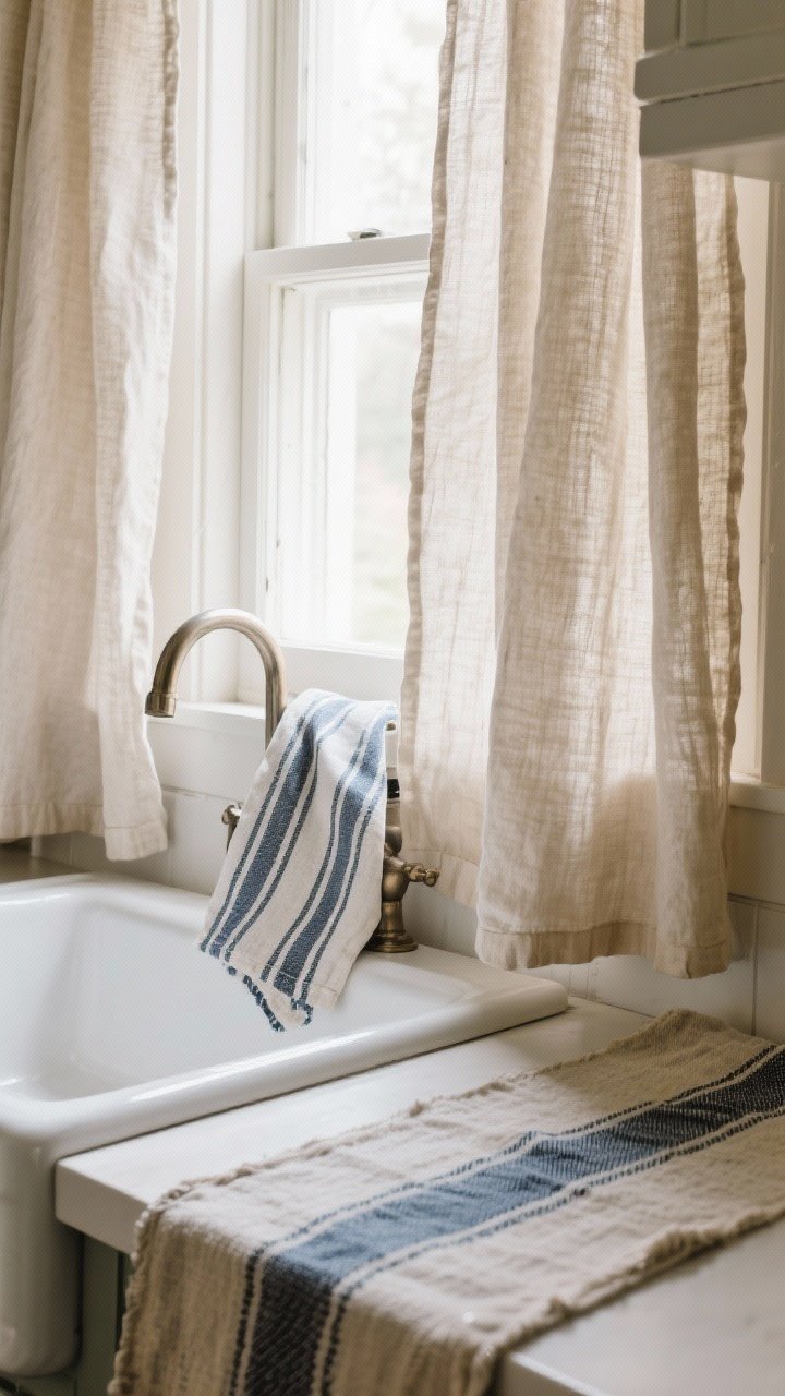 Closeup textile vignette near a kitchen window: washed linen cafe curtains in a natural oatmeal tone, a striped ticking tea towel draped by the sink, and the edge of a flatweave runner with muted blue and charcoal accents. Soft daylight filters through the linen, emphasizing texture without country-kitsch; palette of creams, oatmeal, charcoal, and muted blues, photorealistic fabric weave detail.