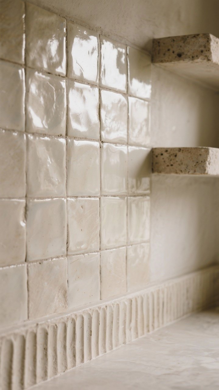 Closeup texture detail of a backsplash: handmade zellige tiles in a soft neutral tone with slight surface variation and glossy glaze, tight grout lines, and gentle raking light to emphasize texture and movement. Include a small section of fluted stone trim at the edge or adjacent shelving for added depth. Focus purely on tactile surfaces and the play of light on uneven tiles.