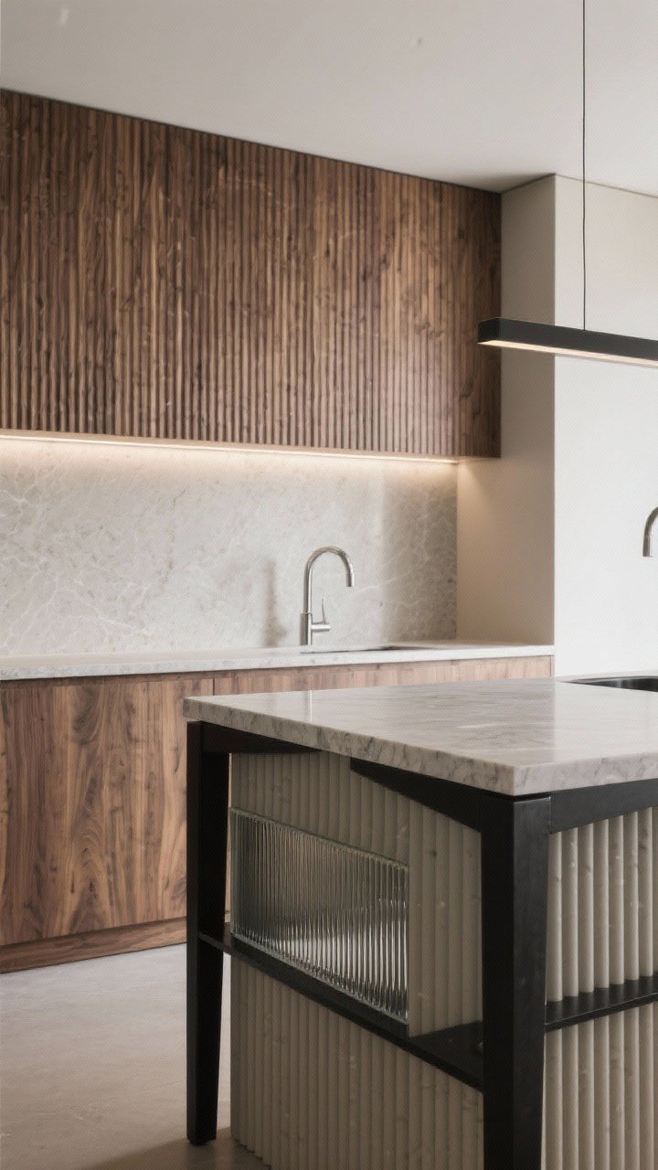 Closeup texture shot: A mixed-material island face featuring fluted wood paneling, smooth honed stone countertop, brushed nickel or blackened steel legs, and a small insert of reeded glass; lighting rakes across grooves to show depth and light play; neutral palette with tactile contrast; tight, angled detail composition focusing on the junctions of materials; photorealistic, no people.