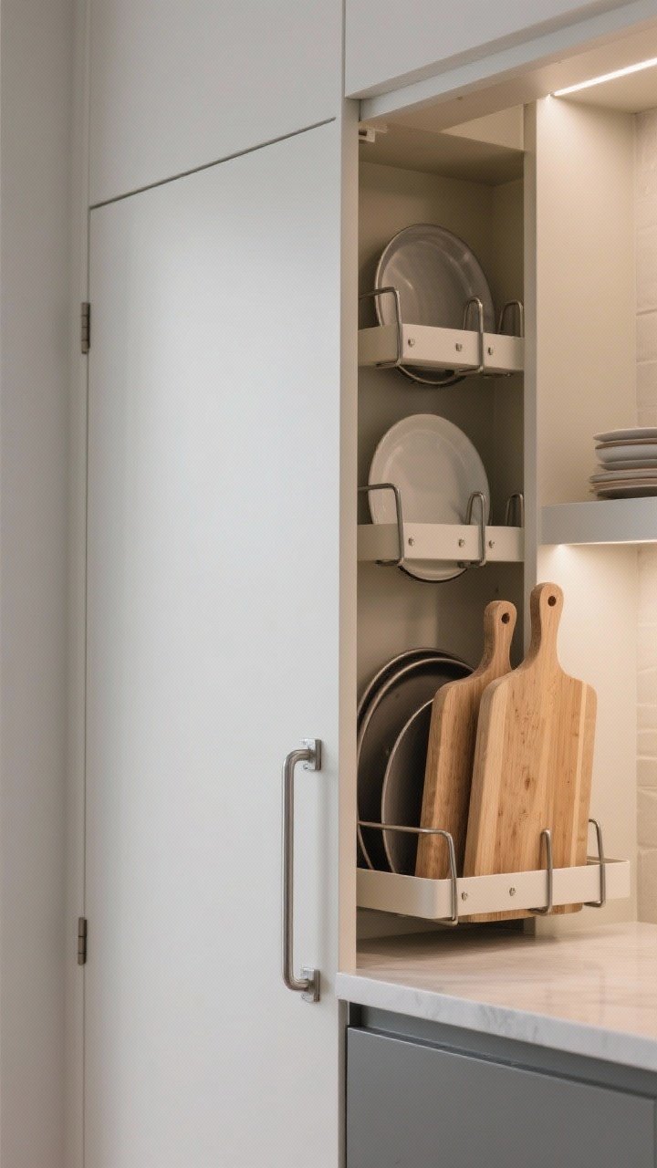 Closeup vertical detail shot of a slender side panel cabinet at the island end, door with a magnetic latch slightly open; upright storage for cutting boards, baking sheets, and oversized platters separated by U-shaped dividers and adjustable pegs; sleek edge detail, satin painted finish; focused side-lighting highlighting the slim, efficient use of space on the baking/prep side