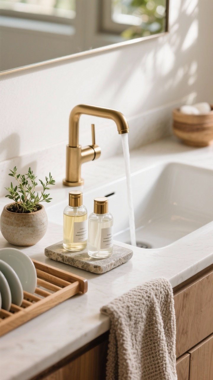 Closeup vignette of a boutique-hotel sink station: sleek pull-down faucet in brushed brass over a white undermount sink, matching refillable glass soap and lotion bottles with minimal labels on a small stone tray, a teak drying rack with neatly placed dishes, and a textured hand towel draped over the edge; a tiny herb plant in a ceramic pot; bright, clean morning light; photorealistic, shallow depth of field highlighting metal and wood textures.