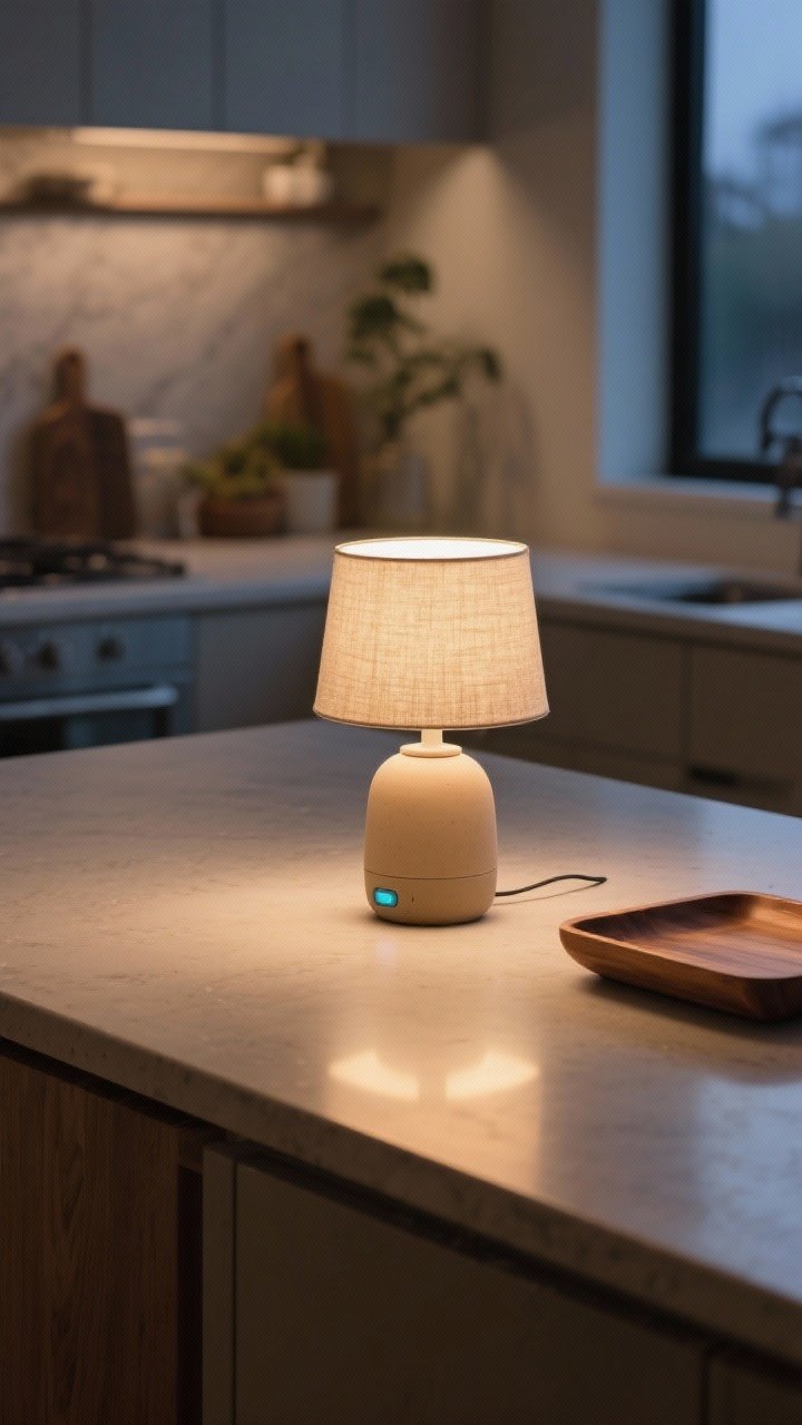 Closeup vignette of a petite rechargeable table lamp on the kitchen island: low-profile ceramic base in warm neutral with a linen shade, cord-free, placed off to one side and paired with a wood tray; evening scene with a soft pool of light spreading across a matte countertop surface; intimate and cozy, photorealistic.
