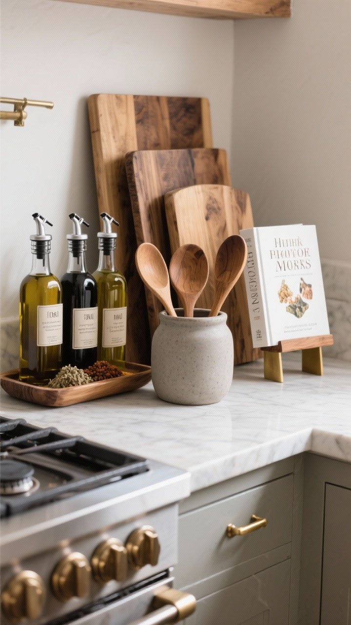 Closeup vignette of everyday essentials styled as decor: a matte stoneware utensil crock filled with wooden spoons beside the stove, layered wood boards and trays leaning for height, oils and spices decanted into matching labeled bottles, and a cookbook on a wood or brass stand; edited surfaces, harmonious tones, practical yet beautiful
