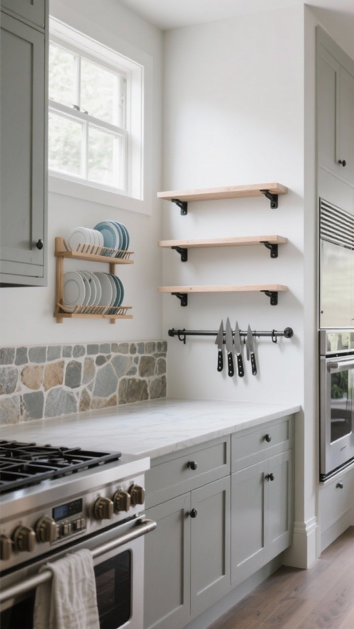 Composite style detail shot showing quick comparisons: - Minimalist corner: stone backsplash ledge aligned with a sleek pantry wall, light pouring from a generous window; - Classic vignette: plate rack, hutch edge, and a painted-to-match peg rail; - Industrial moment: metal rails with black-bracket open shelves; - Scandi touch: light wood shelves near an integrated appliance garage door; - Chef’s zone: rail system, magnetic knives, and the long storage island edge; clean transitions, consistent photorealism, no people