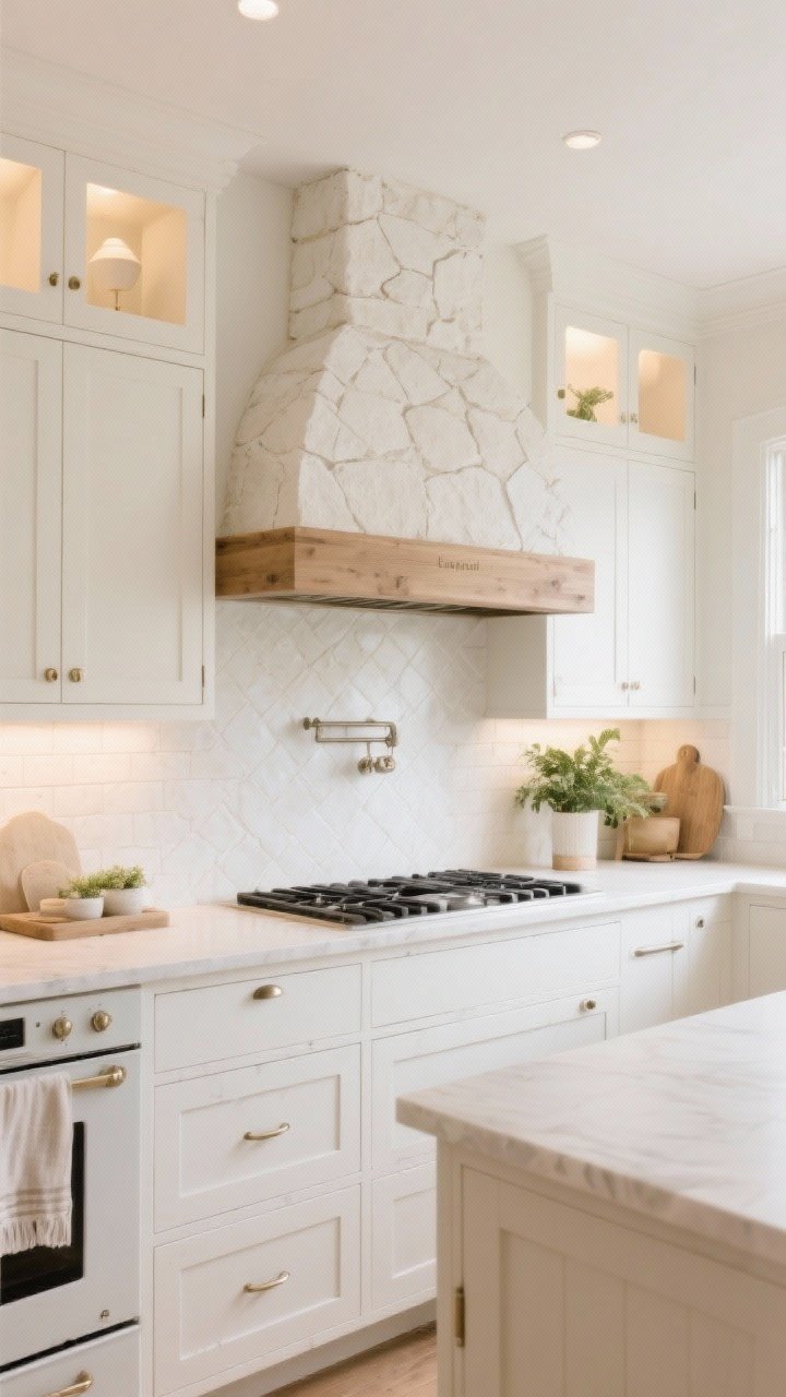Conclusion-inspired comprehensive white kitchen scene combining the article’s ethos: layered whites (ivory cabinets, bright white walls, creamy tile), texture (limewash wall, plaster hood), one standout feature (full-height stone backsplash or arched hood), warm natural wood accents, quiet-luxury hardware, layered lighting, and minimal styling with neutral textiles and greenery; wide-angle, corner perspective under warm 3000K lighting that feels calm, bright, and livable; no people, photorealistic detail.