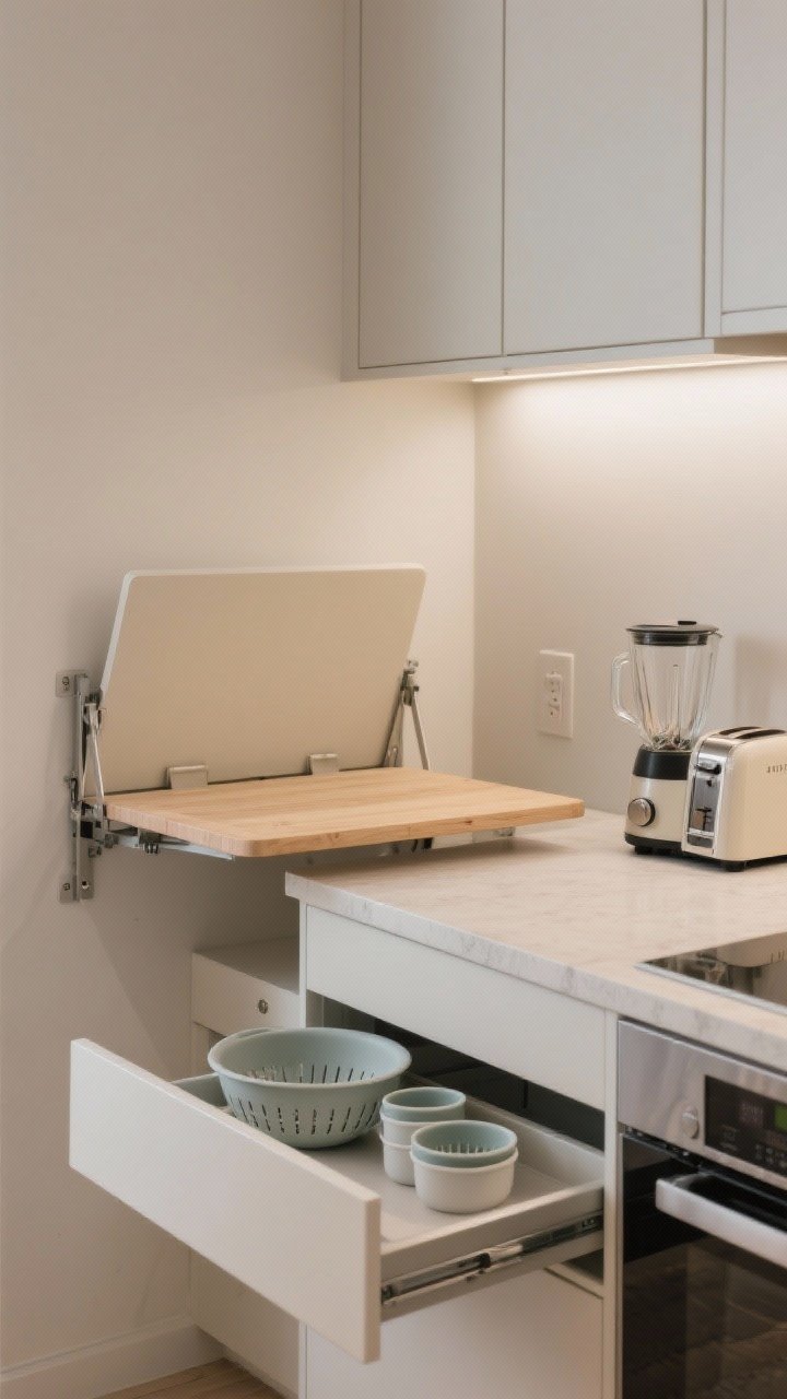 Corner-angle closeup of fold-away features: a wall-mounted fold-down table in pale wood lowered as a compact prep surface; a cabinet pull-out cutting board extended over a drawer; an appliance garage with a roll-up door partially open to reveal a toaster and blender; collapsible silicone colander and measuring cups flattened in a drawer. Matching cabinet hardware and hinges, seamless cabinetry, soft task lighting, tidy modern look.