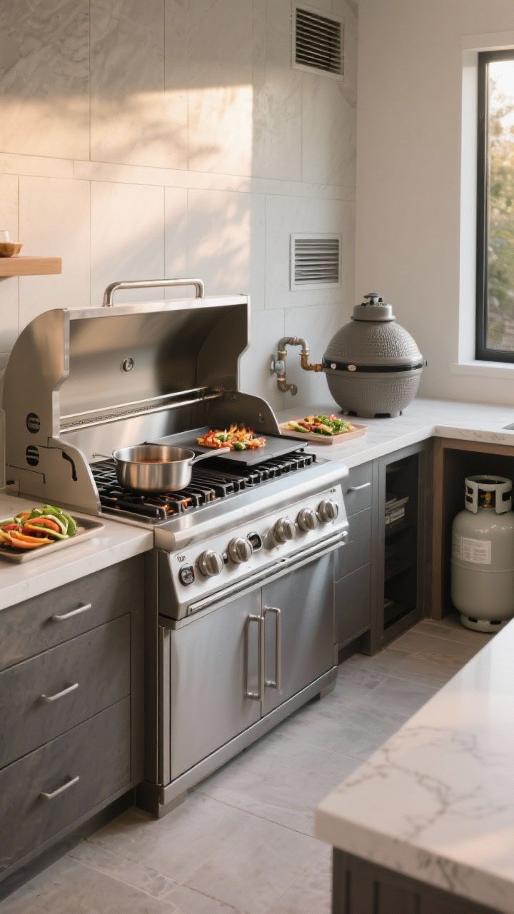 Corner-angle medium shot: A grill-plus lineup featuring a primary stainless grill, adjacent side burner with a simmering saucepan, a flat-top griddle with fajitas mid-sizzle, and a kamado smoker in matte ceramic off to the side; non-combustible back panels and proper venting visible; plumbed gas connection neatly integrated, backup propane tank stored in a dry compartment; efficient work triangle from prep counter to grill to serving ledge, late afternoon light, photorealistic.