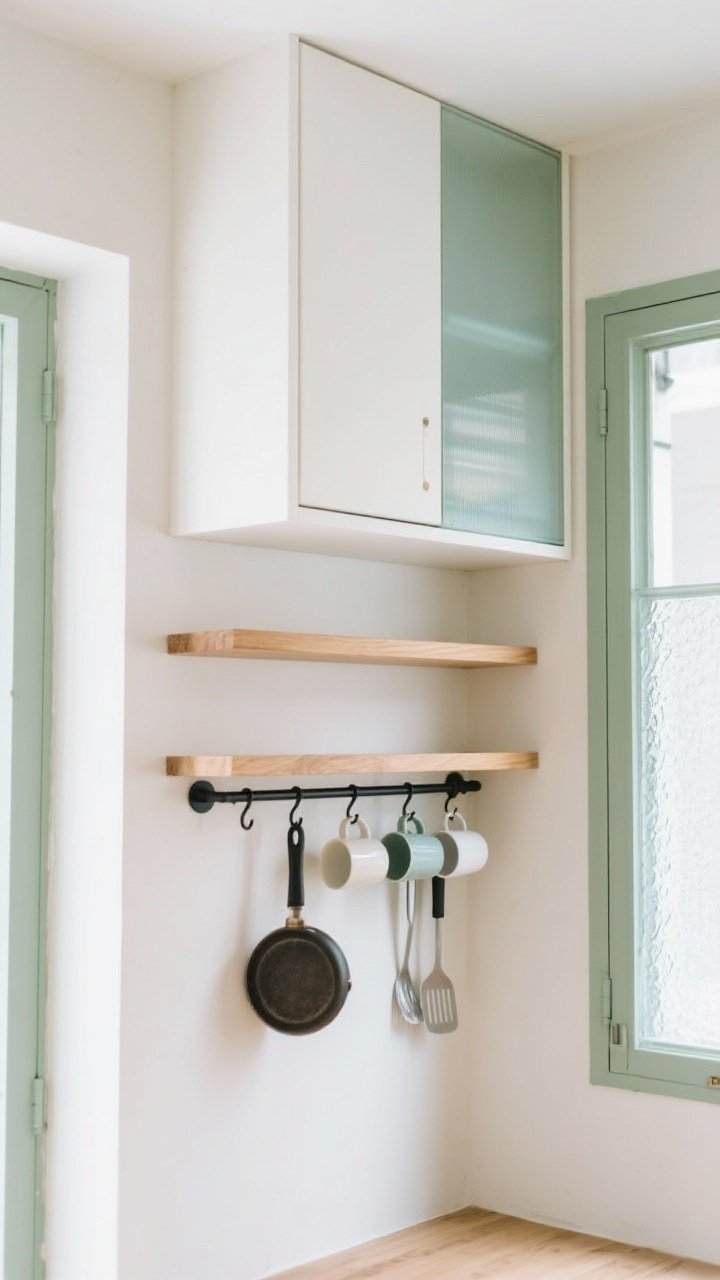 Corner-angle medium shot balancing open and closed storage: one upper cabinet replaced by two light oak shelves styled with a tight palette (white, pale green, clear glass); adjacent glass-front doors (one frosted, one clear) that lighten the wall while limiting dust; a black metal rail under the shelves with hanging mugs, a small skillet, and utensils for café-core practicality; bright, natural light and clean lines.