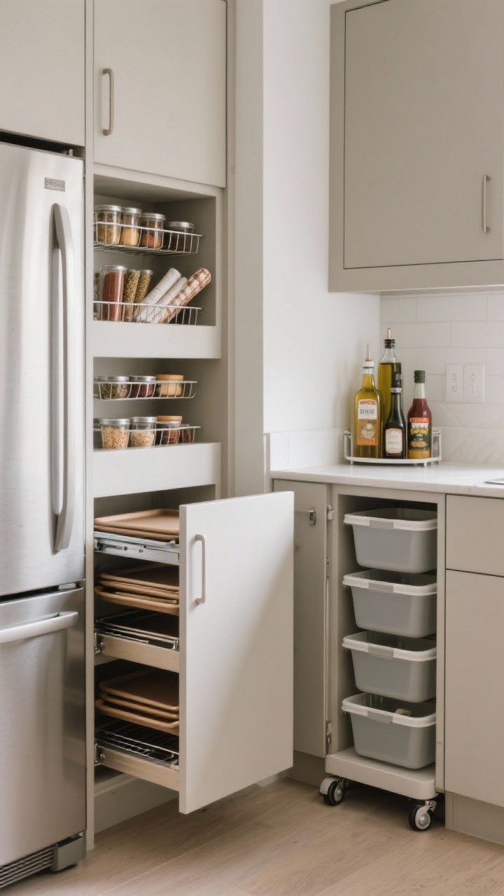 Corner-angle medium shot highlighting hidden storage solutions: toe-kick drawers pulled out holding baking sheets, cabinet door interiors fitted with shallow racks for spices and wraps, a slim rolling cart tucked between the fridge side panel and wall storing oils and condiments, and stackable bins inside a deep base cabinet creating vertical layers. Neutral cabinetry, organized and measured fit, even lighting, photorealistic.