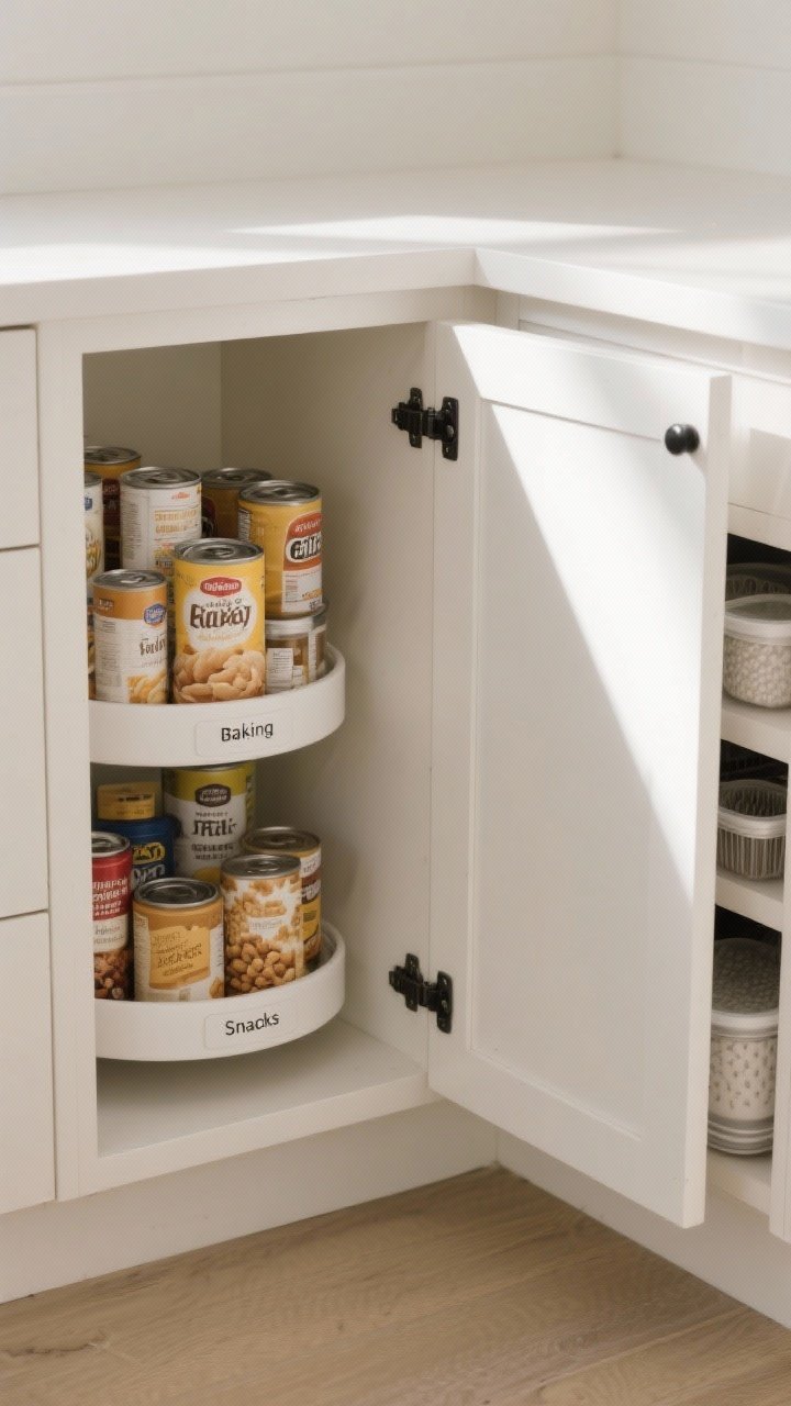 Corner angle medium shot of a lower corner cabinet showcasing a two-tier Lazy Susan stocked with cans and baking staples, next to a blind-corner pull-out halfway extended, revealing neatly organized containers; add non-slip liners with subtle texture to prevent sliding; categorize shelves with small text labels like “Baking” and “Snacks”; satin white cabinetry, matte black pulls, soft morning light creating gentle shadows.