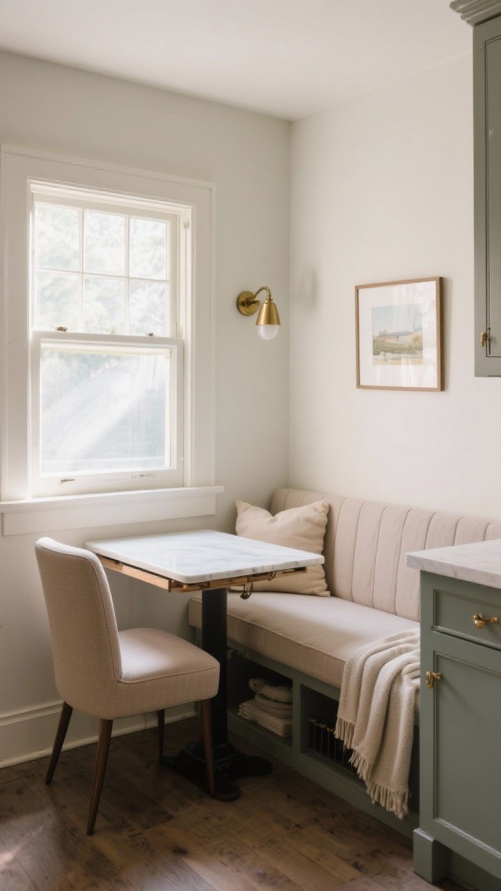 Corner-angle medium shot of a mini breakfast nook carved from a small kitchen: a slim wall-mounted drop-leaf table beneath a window, a single comfy chair pulled up, a storage bench with cushions along the wall, a soft seat cushion and throw, a small framed print and a brass sconce defining the nook. Morning light, intimate and inviting, bistro-scale proportions.