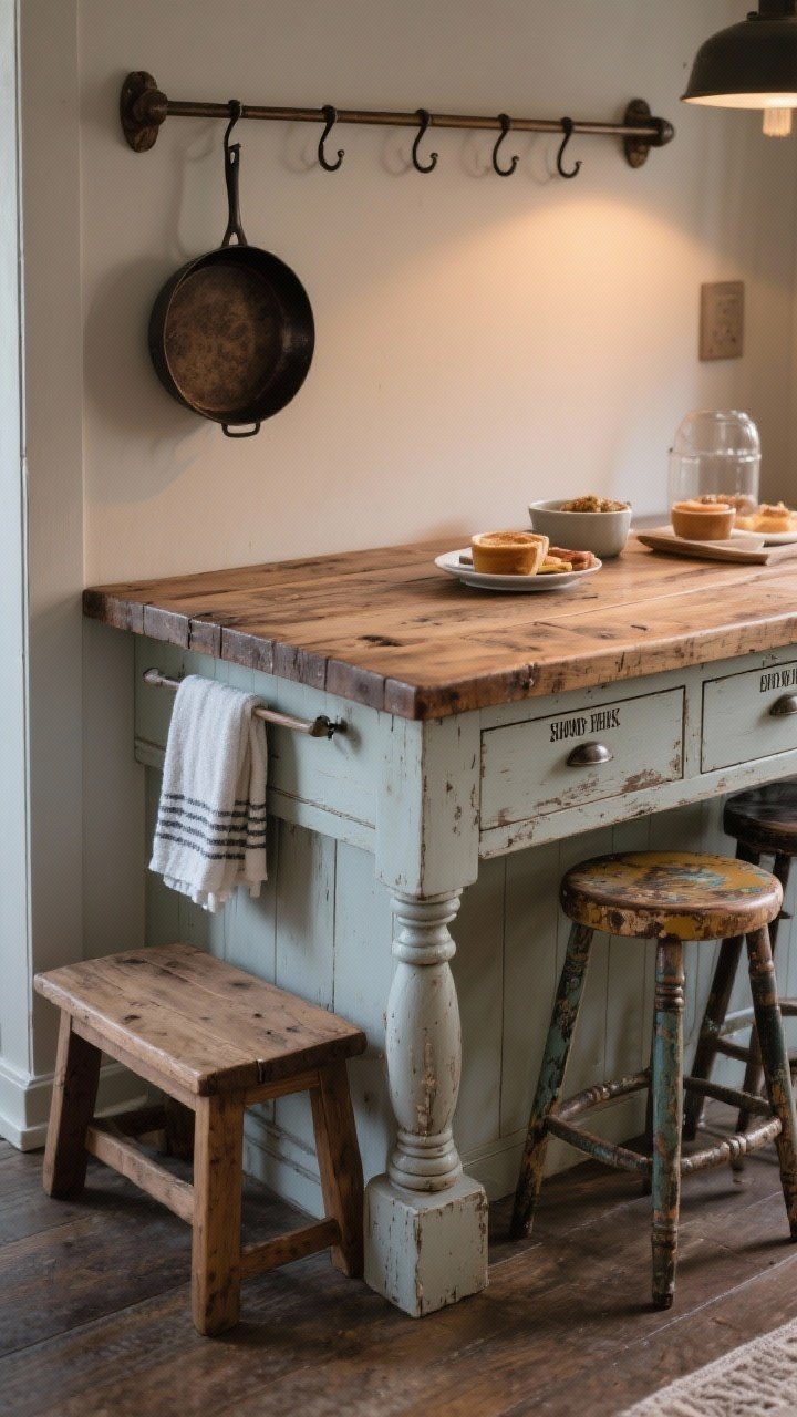 Corner-angle medium shot of an island that reads like furniture: chunky turned legs, drawers with labeled purpose, a worn butcher-block top sealed to a soft sheen; a rail with hooks on the island’s side holding towels and a favorite pan; mixed seating—a small wood bench on one side and two mismatched stools on the other; cozy early-evening ambient light, emphasizing a casual breakfast scene.