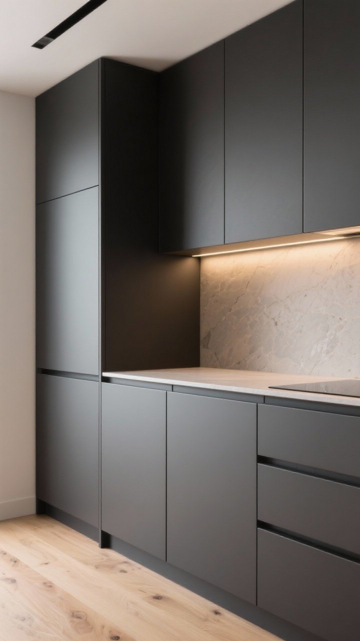 Corner angle medium shot of handleless cabinets with integrated J-pull channels in matte FENIX nanotech soft-touch charcoal, tight reveals, and warm under-cabinet lighting to prevent a clinical feel; include a light oak floor and subtle stone countertop; clean channels visible along door tops, no added hardware, photorealistic