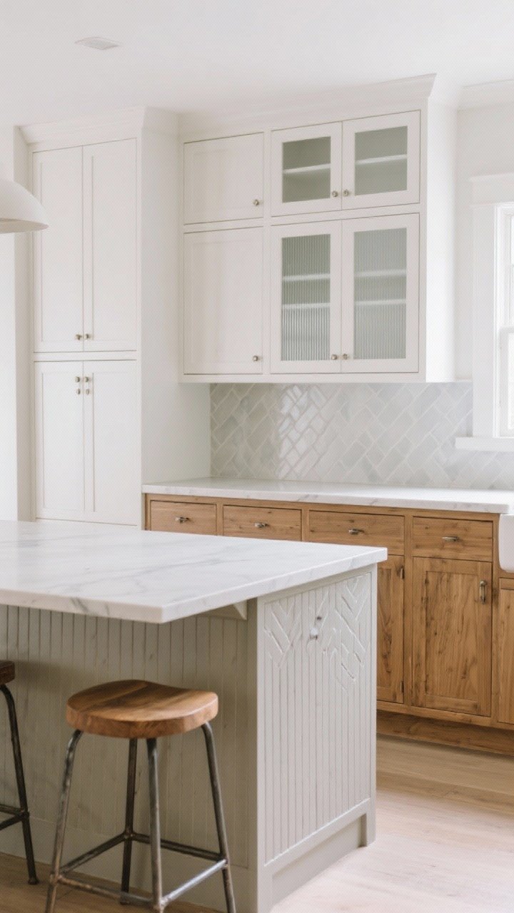 Corner angle medium shot showing mixed cabinet textures: white Shaker upper cabinets, flat-front wood lower cabinets, and a few doors with reeded glass inserts; island clad in subtle V-groove/beadboard panels; cohesive textures echoed in a lightly textured backsplash and wood/metal stools; soft-close hardware implied by crisp, gap-free lines; restrained palette, custom look.