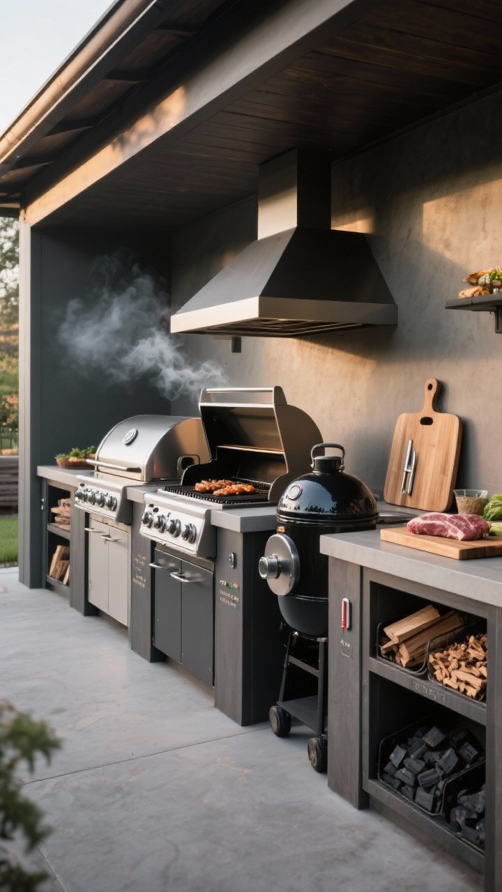 Corner-angle wide shot of a hybrid grill station featuring three distinct units side by side: gas grill, charcoal kettle, and an offset smoker; dedicated prep zones for raw and cooked foods with labeled cutting boards, thermometer ports, and organized storage for wood chips and charcoal; matte vent hood overhead under a covered nook; moody late-day light with a hint of smoke