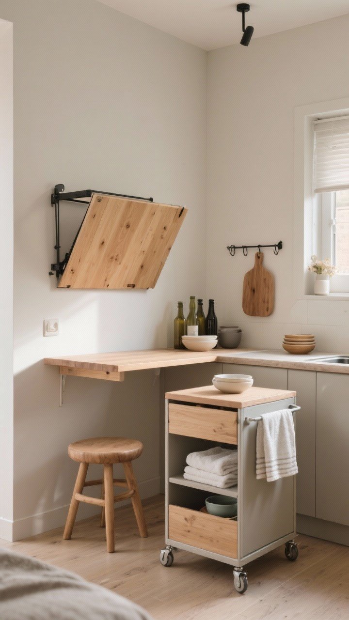 Corner medium shot: Flexible tiny kitchen setup featuring a wall-mounted drop-leaf table extended as a prep surface; a compact rolling cart used as a mini island with storage below (towels, bowls, bottles), ready to roll away; nesting stools tucked under a counter and one hung on a hook; neutral palette with natural wood accents; soft afternoon light; functional, adaptable vibe; photorealistic.