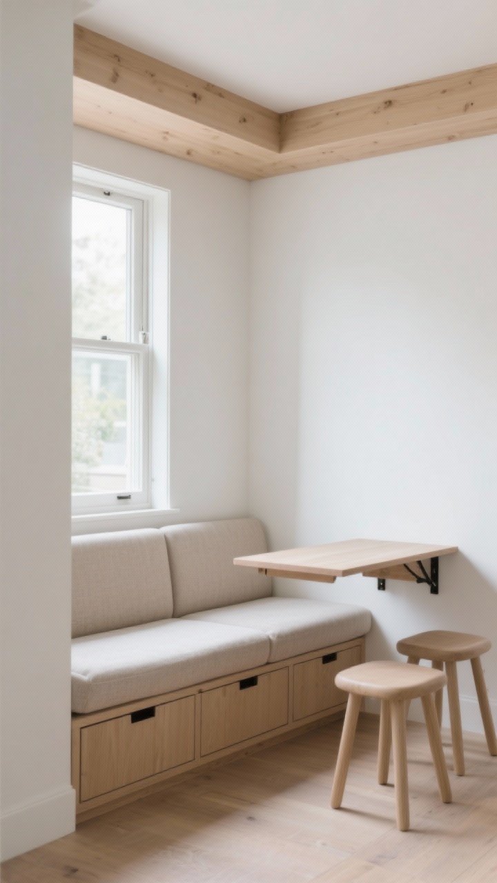 Corner medium shot showcasing built-in-feel seating without bulk: a shallow banquette (16–18 inches deep) under a window with storage drawers below, upholstered in neutral fabric; a small wall-mounted drop-leaf table folded down on one side; two armless, backless stools tucked completely under an overhang; light wood, white walls, airy feel, gentle daylight, photorealistic.