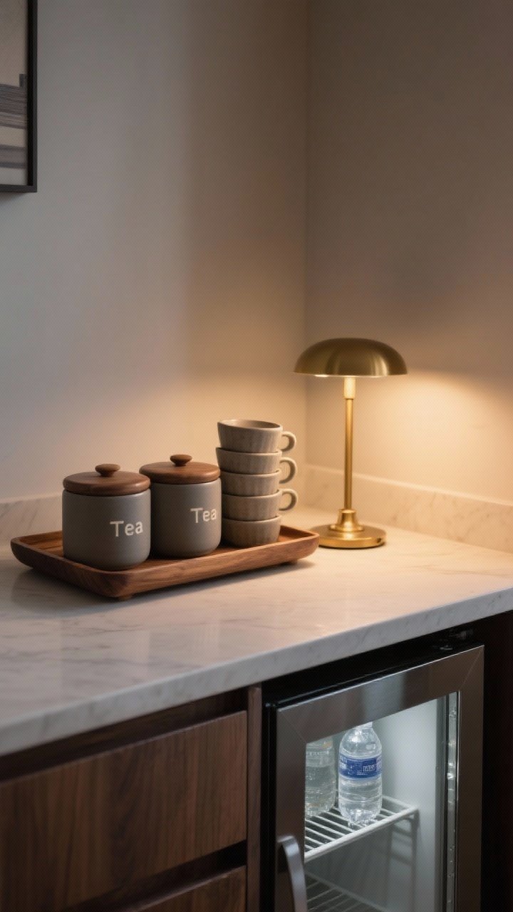 Corner vignette of a curated beverage station: a walnut tray defining a coffee zone with matte ceramic canisters labeled subtly for beans and tea, a tidy stack of matching stoneware mugs, and a petite brass-accented table lamp casting warm ambient light; optional glimpse of an under-counter glass-door mini fridge with sparkling water; minimal, elegant styling; evening mood lighting; three-quarter corner perspective.