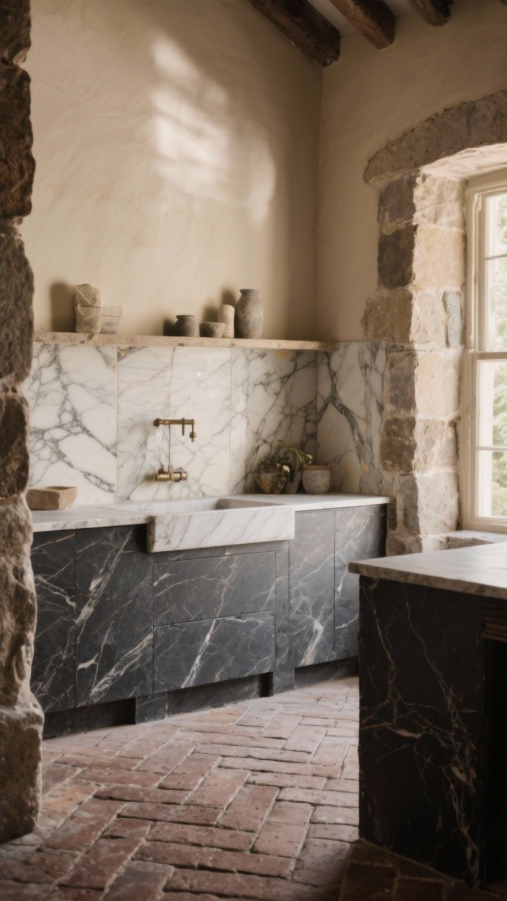 Corner wide shot: Stone elements that look timeworn—dark honed soapstone counters with subtle veining, a rough limestone or tumbled marble backsplash with imperfect edges, and brick floors laid in a herringbone pattern. Matte textures favored over polish. Warm, indirect morning light to emphasize the stone’s patina. No people, photorealistic, European farmhouse feel.