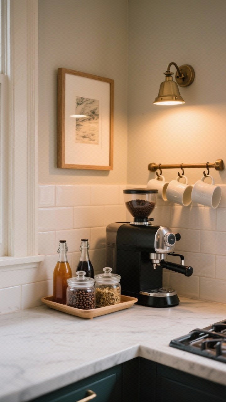 Cozy vignette closeup of a coffee/tea bar in a kitchen corner: a small tray holding an espresso machine, glass syrup bottles, and neatly decanted beans and teas in clear canisters; a petite framed print on the backsplash, a short rail with hooks holding mugs above, and a tiny lamp casting a warm glow; emphasize vertical use of space and tidy, bistro-inspired styling; no people, warm ambient lighting.