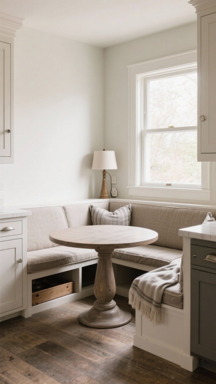 Cozy wide corner shot of an eat-in kitchen nook: built-in bench seating with hidden storage, a round pedestal table for better circulation, and performance fabric cushions with a washable throw. Place the nook by a window for soft morning light, and add a petite table lamp plugged into a nearby outlet for layered warmth. Family-friendly scale and inviting textures.