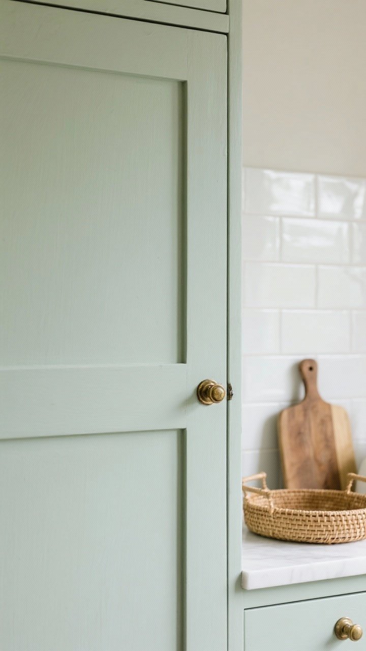 Detail closeup: A cabinet door in pale sage (Farrow & Ball Pigeon on the lighter side or SW Sea Salt) with antique brass hardware, shot at an angle to catch soft daylight; off-white backsplash tiles slightly glossy in the background, and natural textures like a rattan tray and an oak cutting board adding a fresh, spa-like vibe without reading minty.