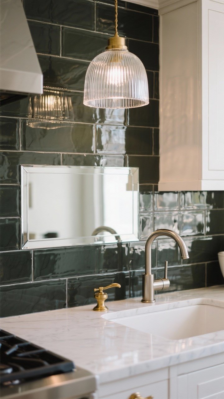 Detail closeup: A glossy tile backsplash near the range with a heat-safe mirror panel insert subtly reflecting light and adding depth; brushed brass hardware and a brushed nickel faucet providing soft sheen without glare; a clear ribbed glass pendant overhead catching and diffusing light; controlled reflections, bright but not harsh.