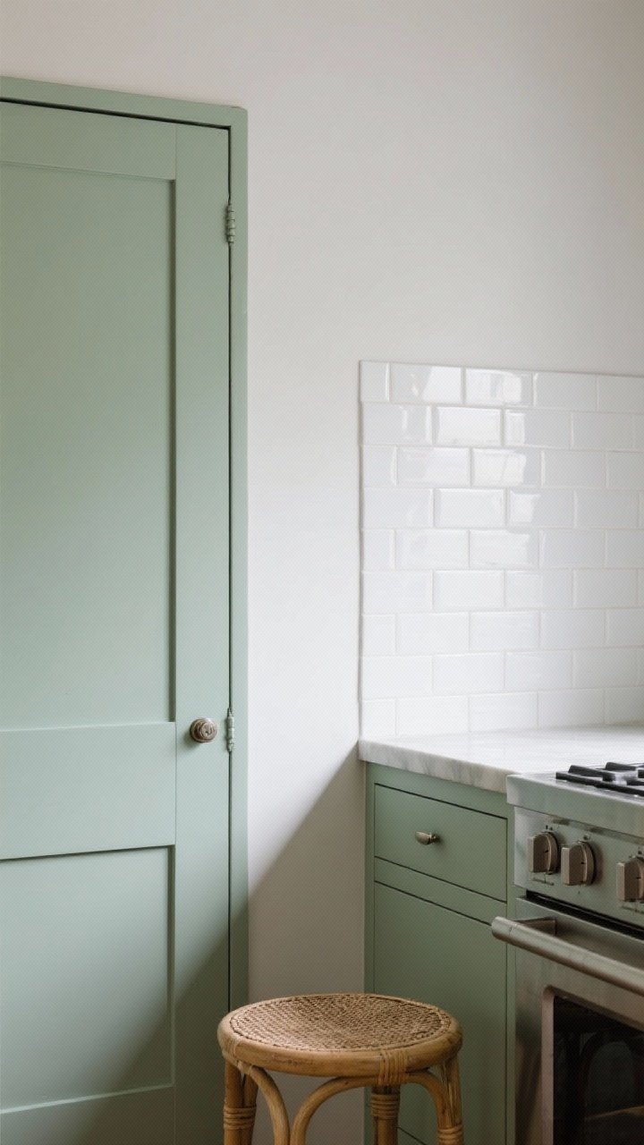 Detail closeup: A pale sage green cabinet door with a subtle gray undertone, matte finish, and simple hardware, next to a glossy white zellige tile backsplash catching light; part of a stainless-steel appliance edge and a rattan stool seat are visible, highlighting natural texture and calm, airy color.
