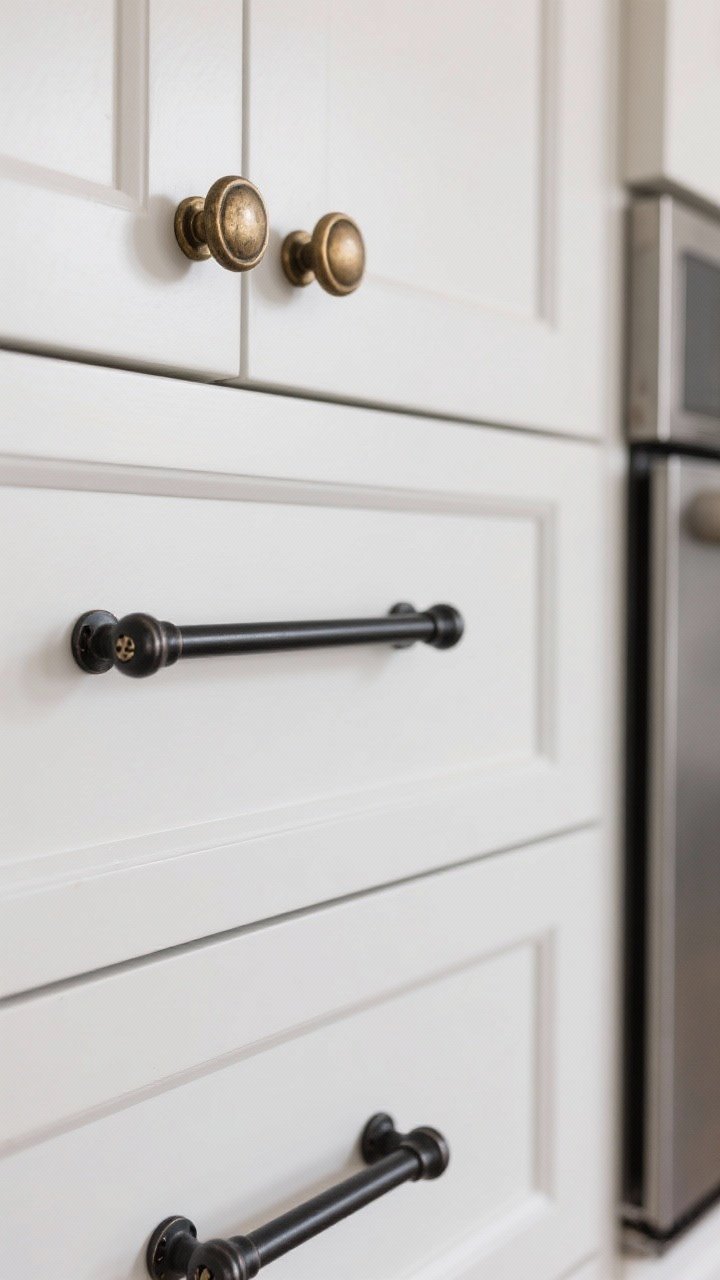Detail closeup: A set of matte black bar pulls installed on wide white drawer fronts beside aged brass round knobs on upper cabinet doors, showing a curated mixed-metal look alongside stainless steel appliances. The shot highlights the length of the pulls on a broad drawer for balanced scale, screws aligned in existing holes. Neutral, even daylight with gentle reflections, photorealistic texture of metal finishes.