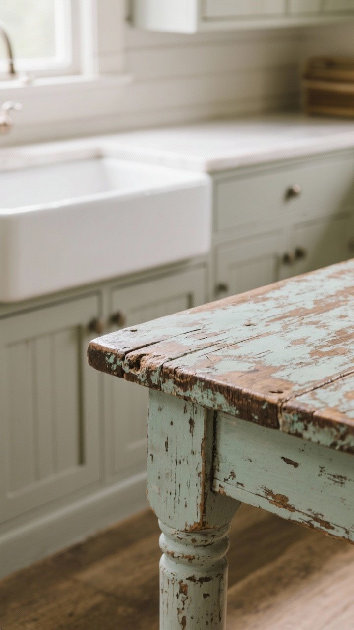 Detail closeup: A single patina hero—a weathered antique farmhouse table edge with soft chips and worn grain—balanced by adjacent clean-lined Shaker cabinet fronts and a crisp white apron-front sink. The work surface nearby is smooth and functional, with soft natural light grazing textures to emphasize intentional aging without messiness.
