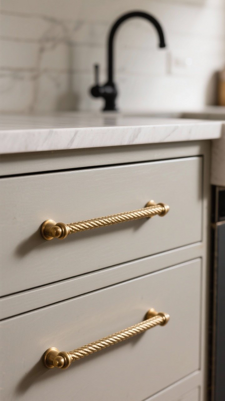 Detail closeup: A straight-on macro shot of luxurious island hardware—solid brass, knurled linear pulls (10-inch length) installed on wide shaker drawers; nearby, a matte black bridge faucet in the background slightly out of focus to show a mixed-metals scheme; satin sheen on the brushed brass, soft natural side lighting to emphasize texture and ribbing; neutral greige island paint for contrast.