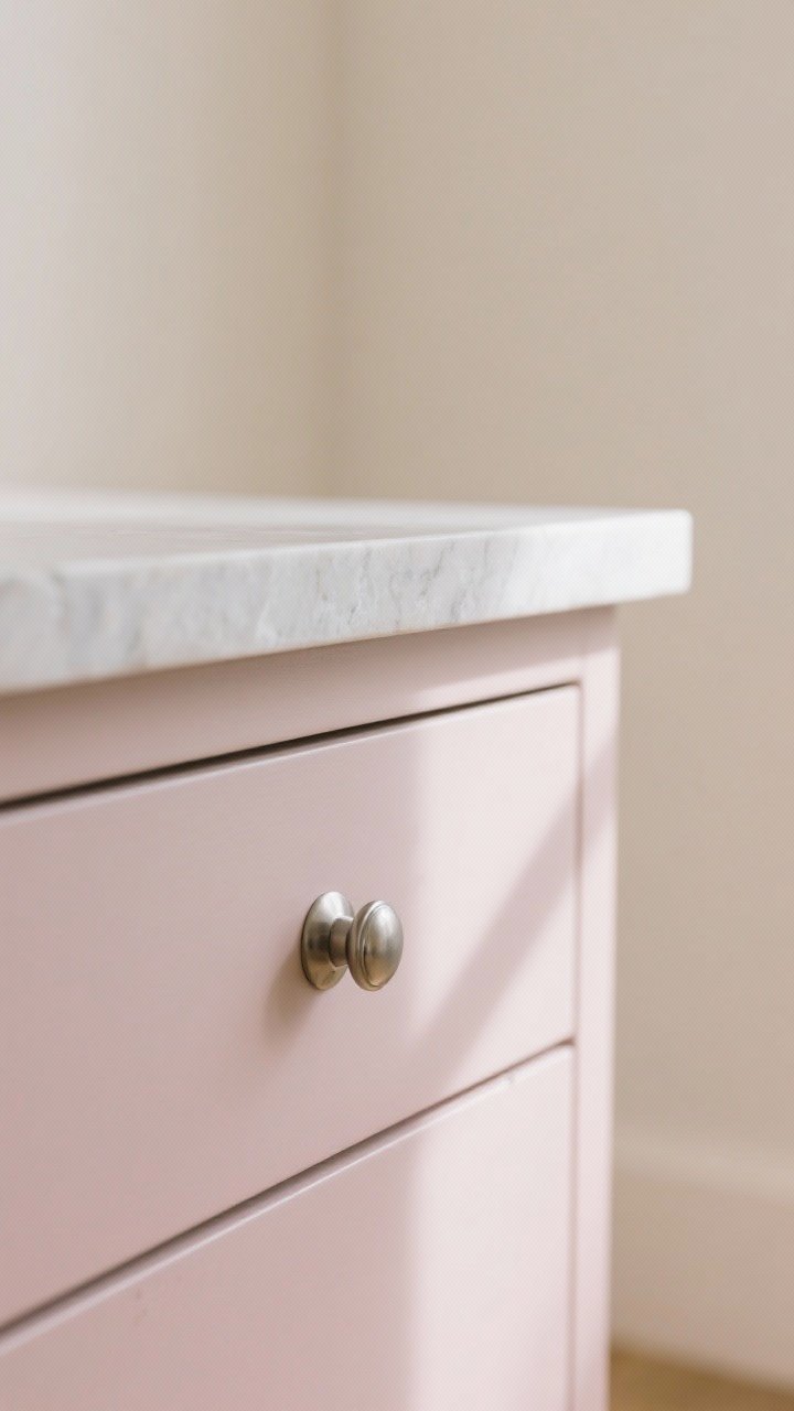 Detail closeup: Barely-there blush cabinet drawer front with a desaturated taupe-gray undertone, paired with polished nickel knob, set against a soft cream wall and a light stone countertop edge; gentle, flattering daylight creates a warm, open glow without reading pink, conveying a serene expanded feel.