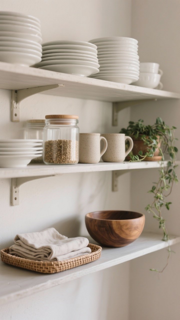 Detail/closeup: Edited open shelving styled like a minimalist baker’s setup—stacks of white dishes, glass canisters with dry goods, a couple of stoneware mugs, a wooden bowl, woven tray, neatly folded linen napkins, and a small potted herb trailing slightly. Tight neutral palette with one muted accent color. Natural daylight, clean wall backdrop, minimal visual clutter. Photorealistic, straight-on crop of two shelf levels.