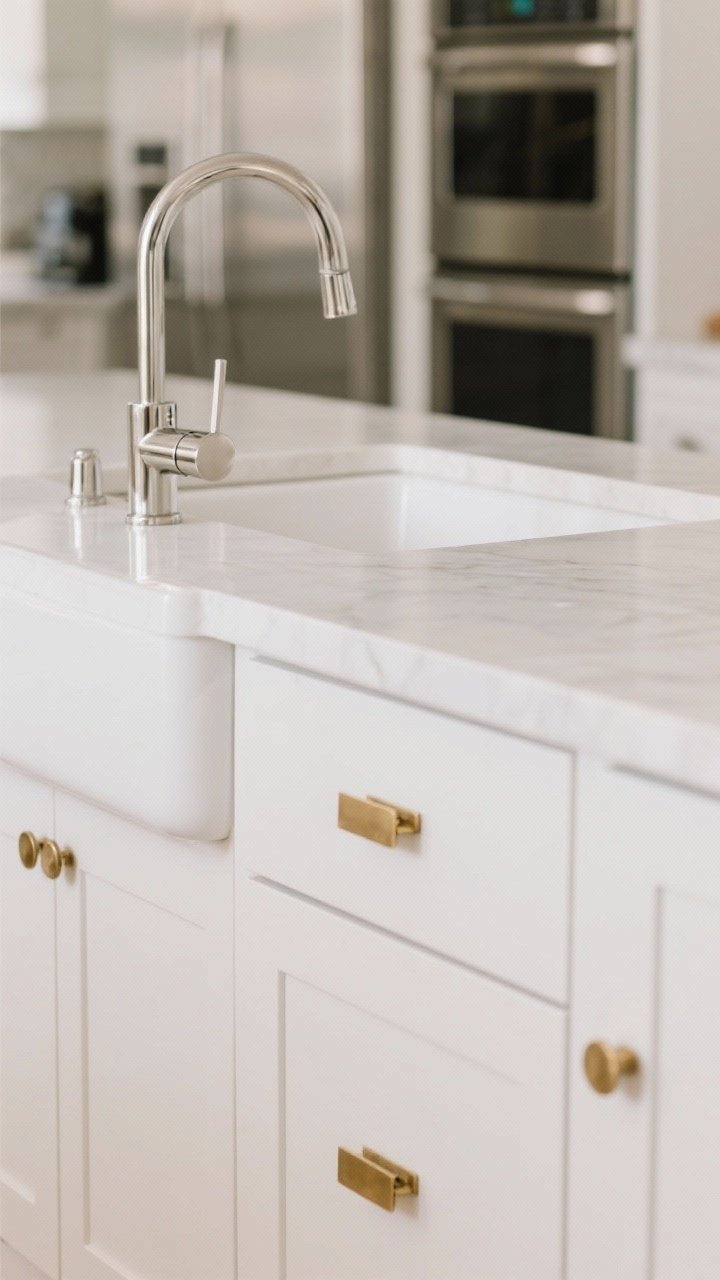 Detail closeup: Focus on mixed metals in a white kitchen—brushed brass cabinet pulls on matte white drawers, a polished nickel bridge faucet over a white undermount sink, and stainless steel appliances visible in the blurred background; soft, neutral lighting creates subtle reflections that show the 70/30 dominant-to-accent metal balance.
