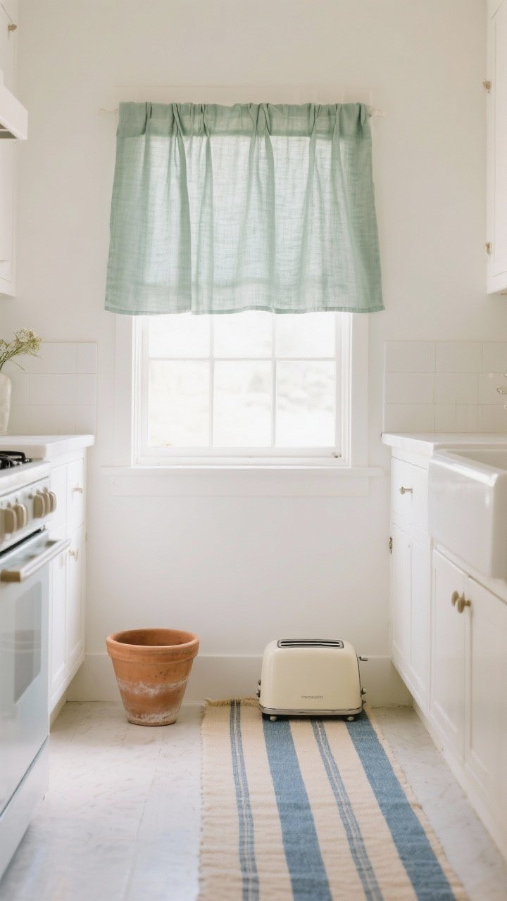 Detail closeup: Gentle color accents in a white kitchen. A sage linen cafe curtain filters light, a dusty blue and oatmeal striped runner crosses the floor edge, and a small terra-cotta pot with a muted clay glaze sits beside a cream toaster. Palette is tonal and warm-adjacent, not loud; photorealistic, soft daylight.