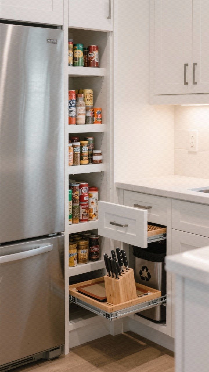 Detail closeup: Hidden storage magic—pull-out pantry between fridge and wall (6–12 inches wide) loaded with spices and cans; toe-kick drawer pulled out to reveal baking sheets; a drawer with custom knife block and spice tray organizers; adjacent deep pull-out with built-in trash and recycling near the sink; crisp cabinetry, smooth runners, tidy organization; soft task lighting; photorealistic.